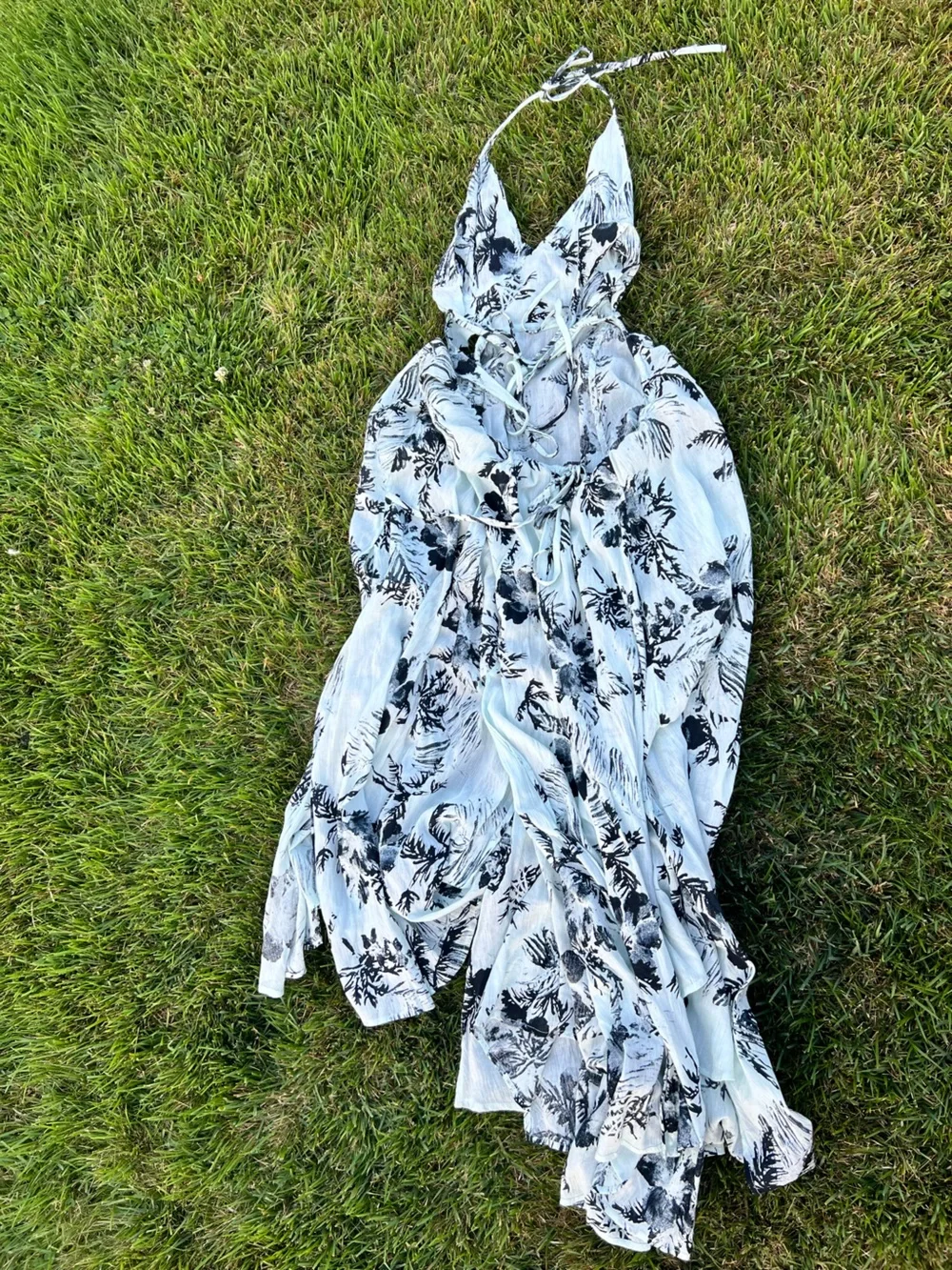 Free People Mint and Black Botanical Print Maxi Dress